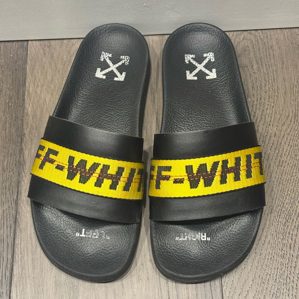Off-White Black Slides with Yellow Strap